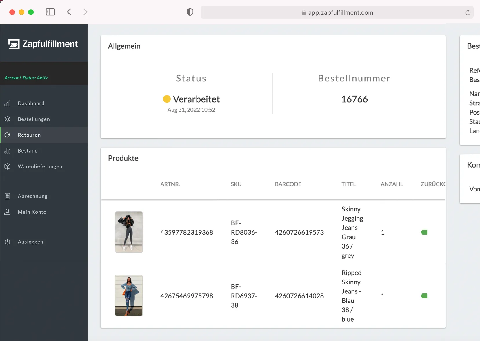 Zapfulfillment Dashboard Retouren