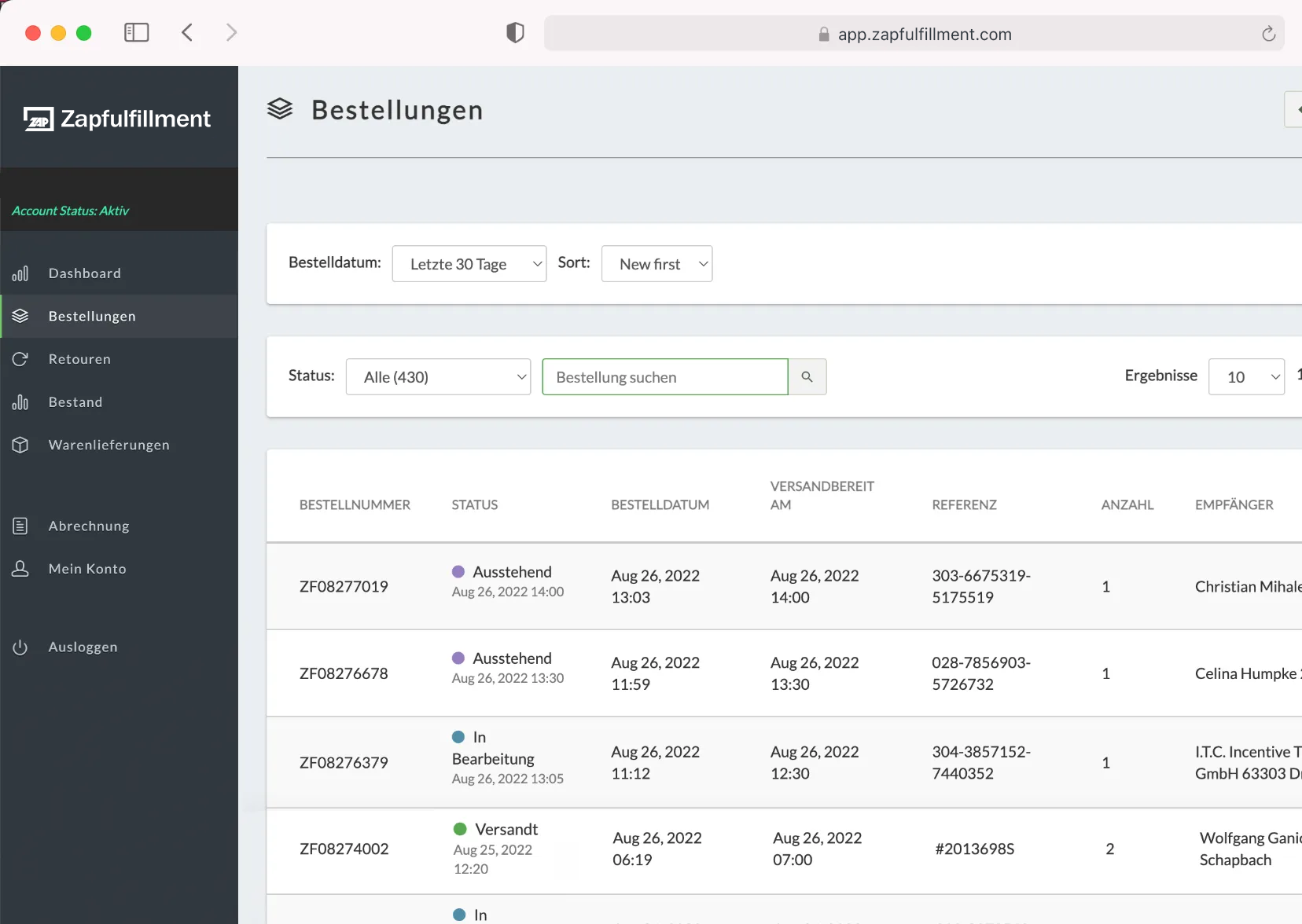 Zapfulfillment Dashboard Bestand